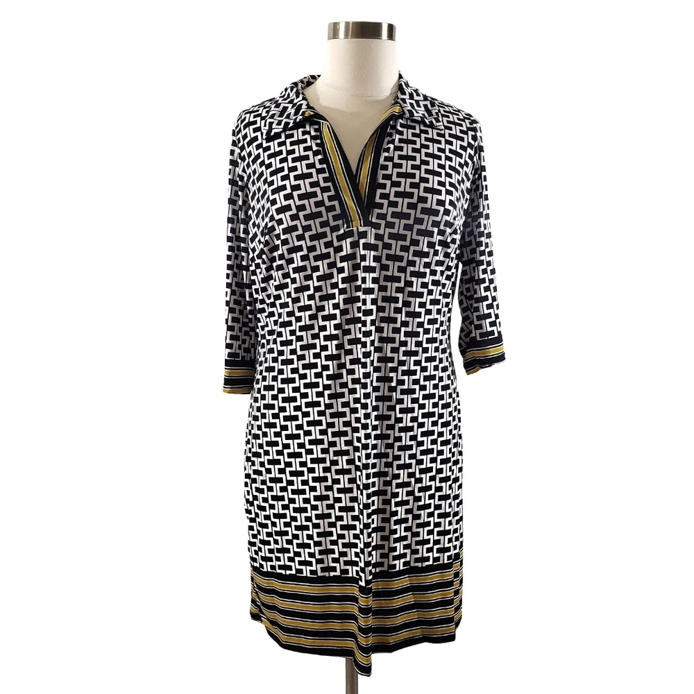 Mlle Gabrielle Black White Geometric Print Dress Yellow Trim 3/4 Sleeves - Picture 2 of 6